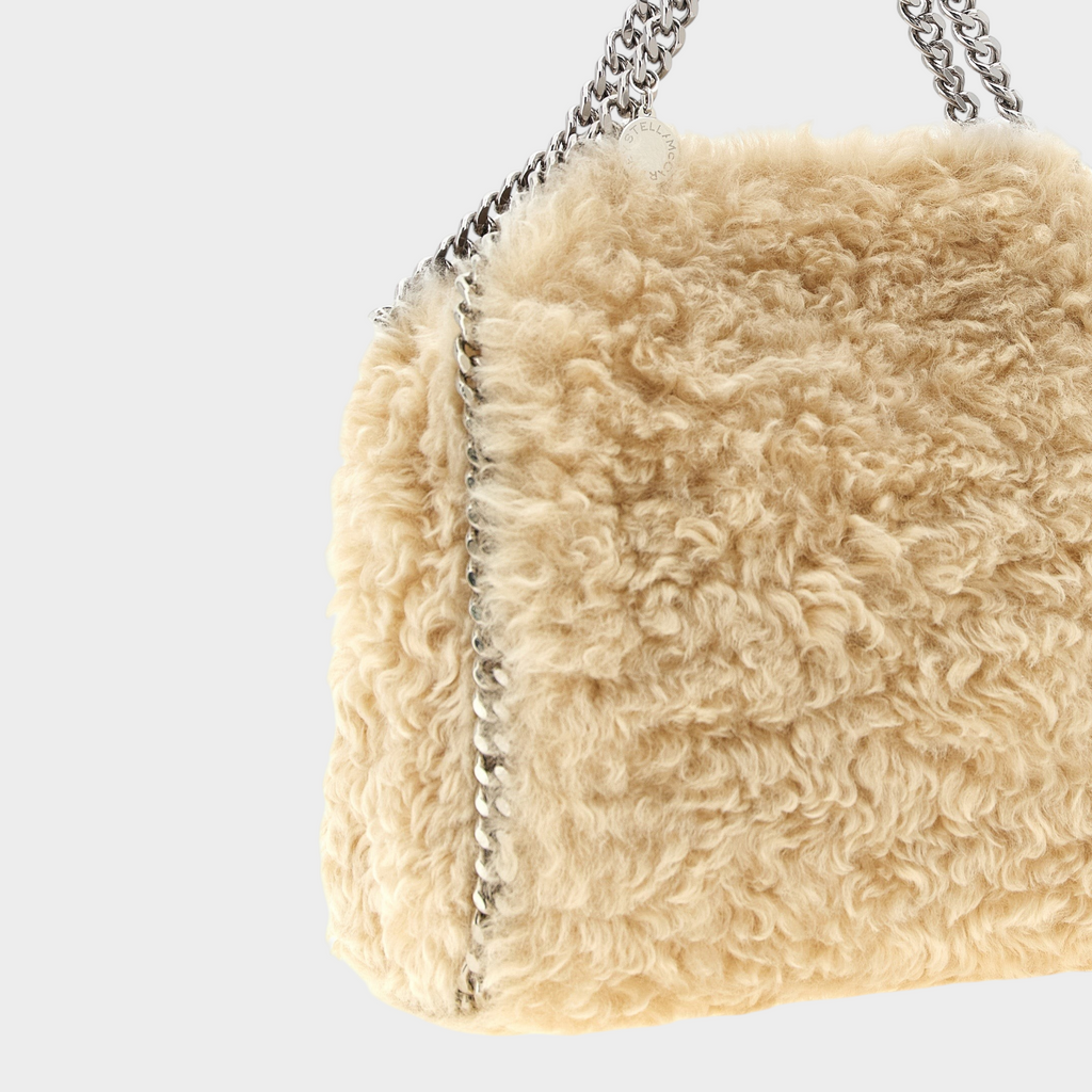 Esmire & Co Stella McCartney beige shearling-effect polyester Falabella mini handbag with silver chain trim