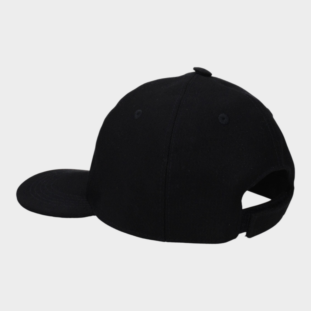 Esmire & Co Stella McCartney black cotton baseball cap with a rear strap closure, shown from a side angle.