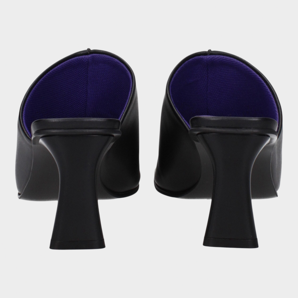 Esmire & Co Stella McCartney black eco leather sandals with a sculpted mid heel and vibrant purple interior lining.