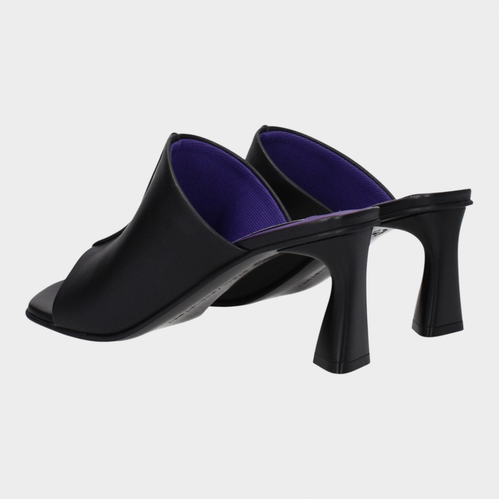 Esmire & Co Stella McCartney black eco leather open-toe mule sandals with a sculpted mid heel and purple lining.
