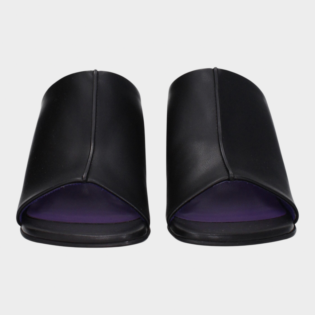 Esmire & Co Stella McCartney black eco leather open-toe slide sandals with a purple insole.