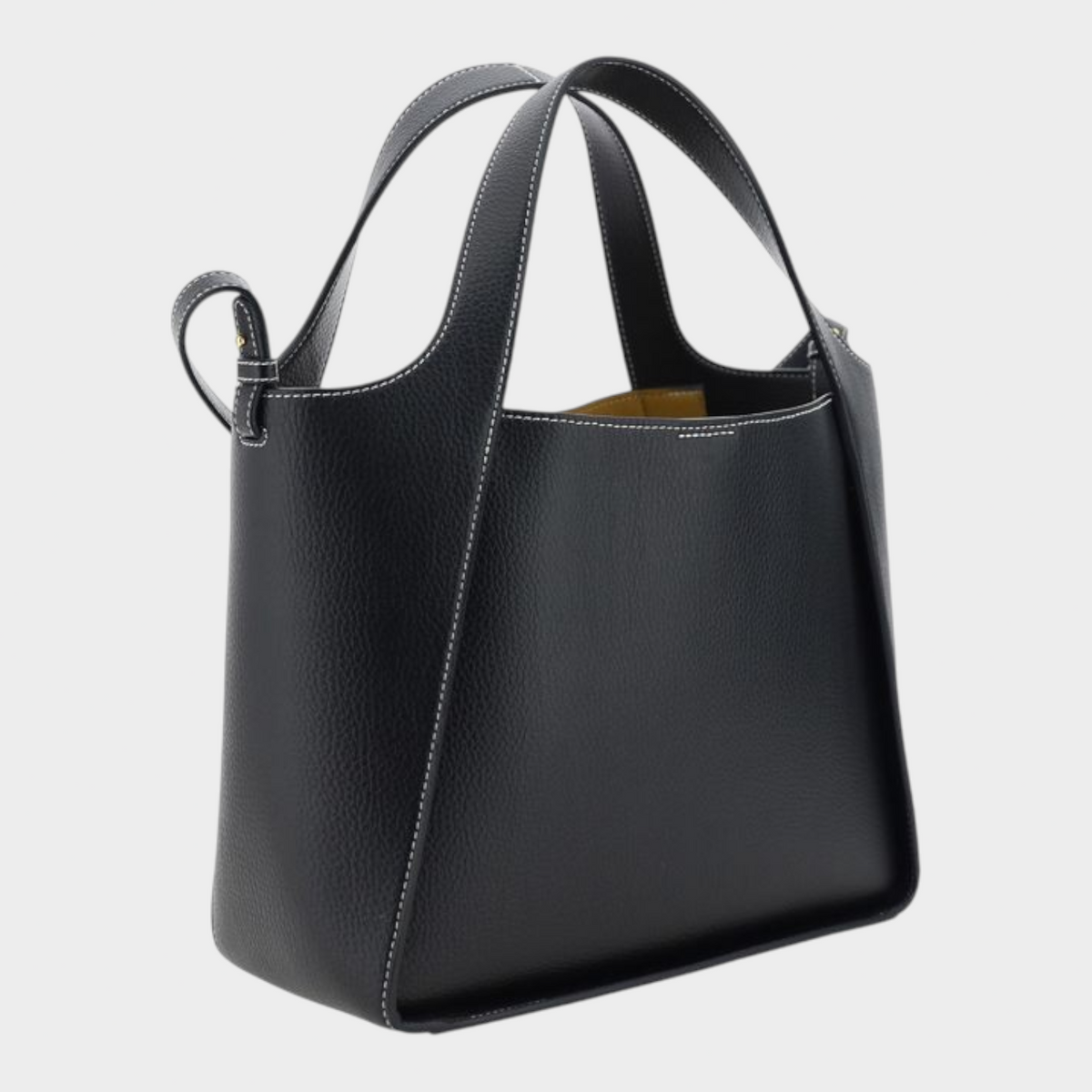 Esmire & Co Stella McCartney black faux leather shoulder bag with white contrast stitching and dual top handles.