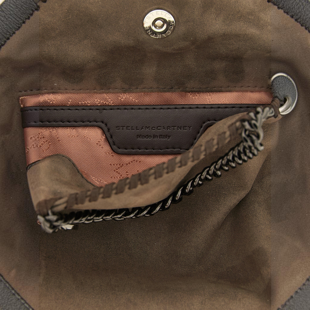 Interior of Esmire & Co Stella McCartney Falabella handbag in taupe brown polyamide with logo patch and chain detail