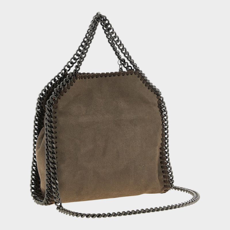 Esmire & Co Stella McCartney Falabella tiny handbag in taupe brown polyamide with dark ruthenium chain trim.