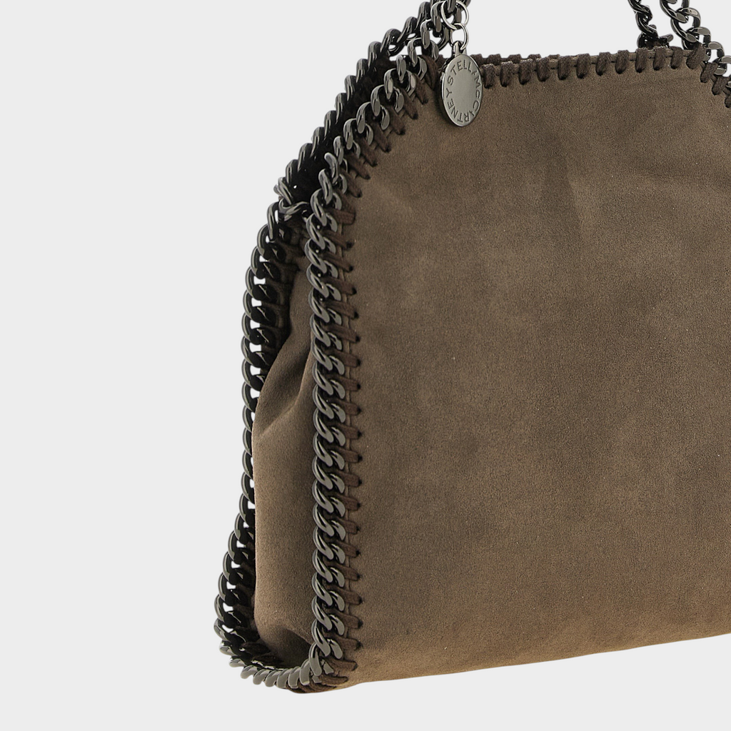 Esmire & Co Stella McCartney Falabella tiny handbag in taupe brown suede-effect polyamide with dark chain trim