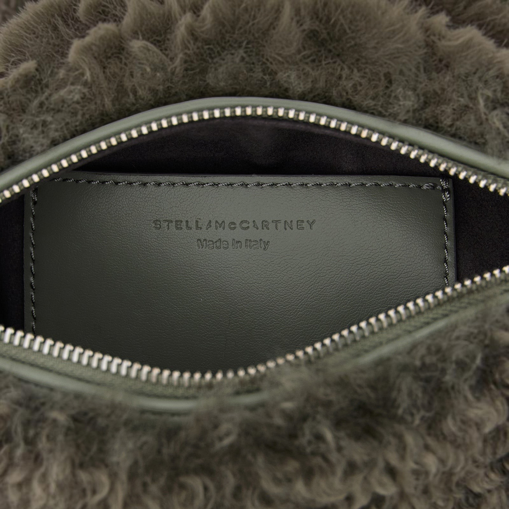 Esmire & Co Stella McCartney gray polyester clutch bag interior with silver zipper and embossed logo label