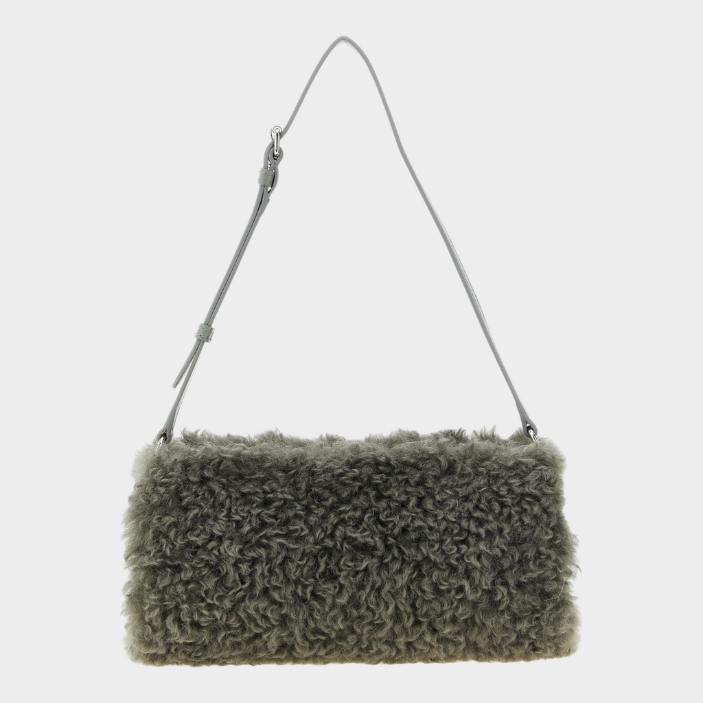 Esmire & Co Stella McCartney gray teddy polyester clutch bag with adjustable shoulder strap and silver hardware.