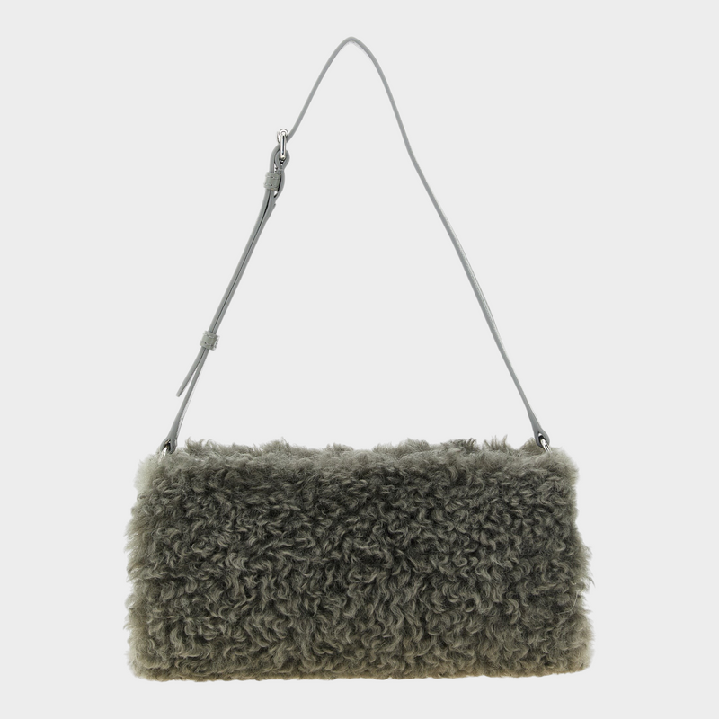 Esmire & Co Stella McCartney gray teddy polyester clutch bag with adjustable shoulder strap and silver hardware.