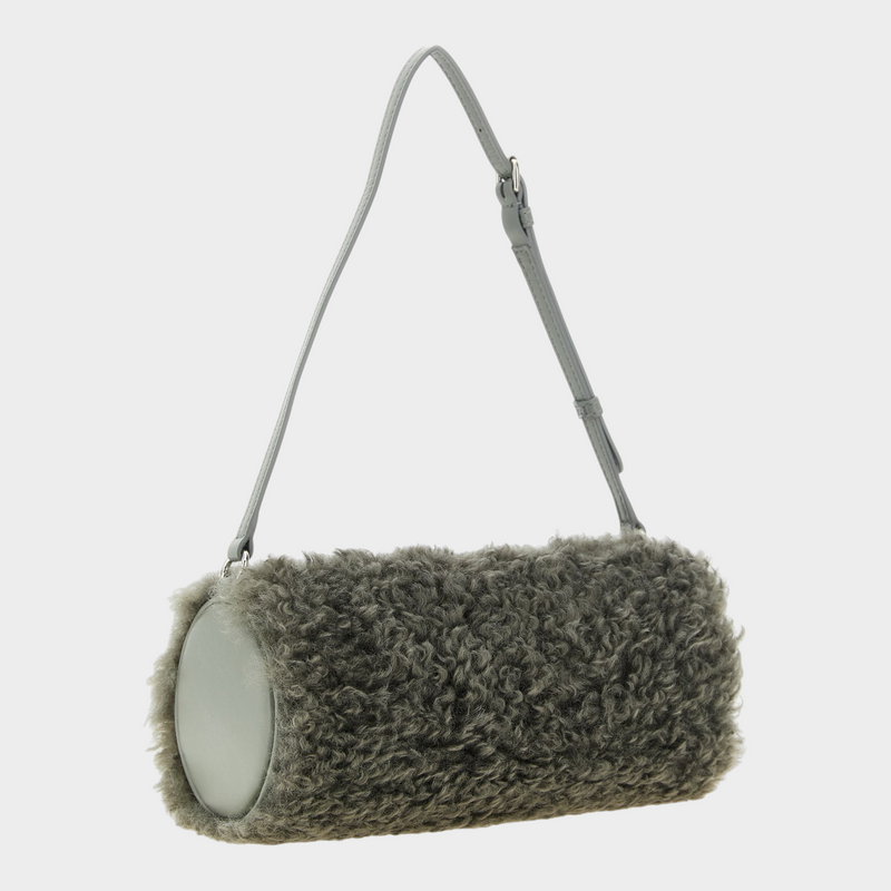 Esmire & Co Stella McCartney gray polyester teddy texture cylindrical clutch bag with an adjustable shoulder strap.