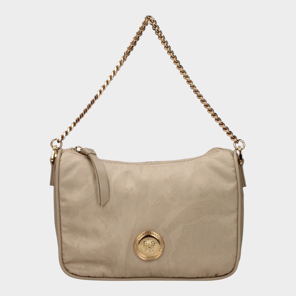 Esmire & Co Versace beige fabric handbag with gold Medusa front detail and removable chain shoulder strap