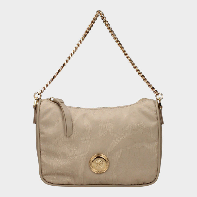 Esmire & Co Versace beige fabric handbag with gold Medusa front detail and removable chain shoulder strap