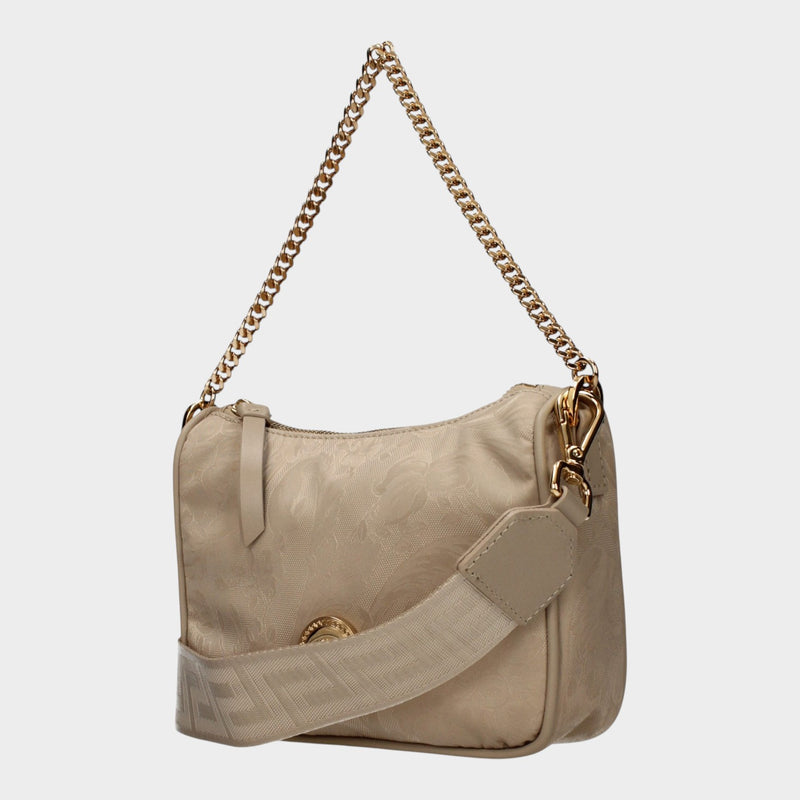 Esmire & Co Versace beige fabric handbag with gold chain strap, removable shoulder strap, and front logo detail.