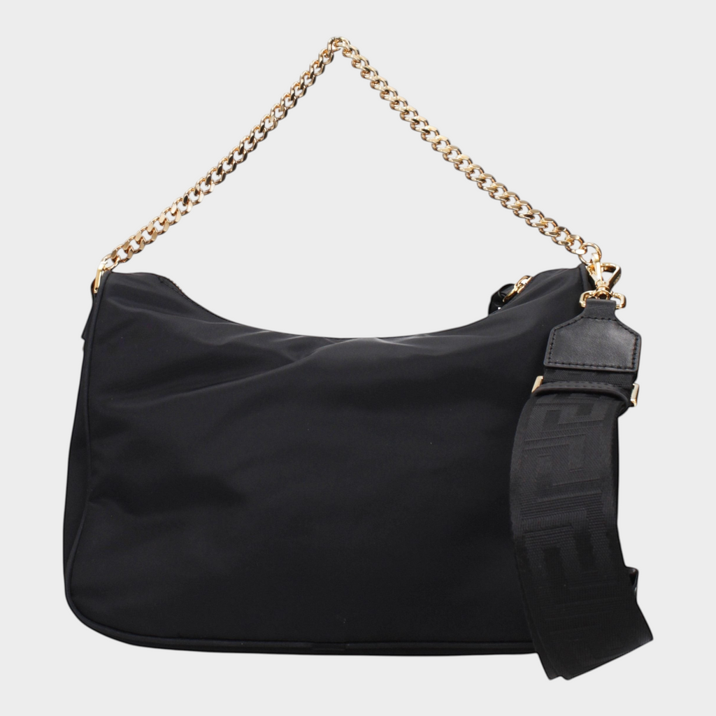 Esmire & Co Versace black fabric handbag with gold chain strap and removable adjustable shoulder strap
