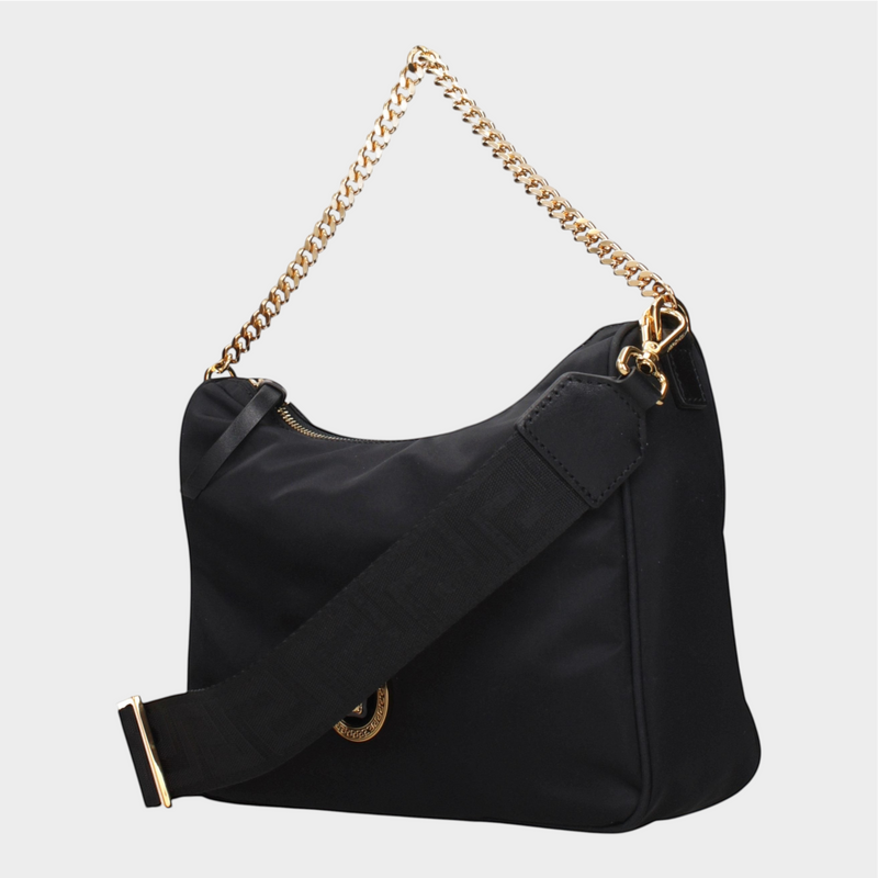Esmire & Co Versace black fabric handbag with gold chain strap, adjustable shoulder strap, and front logo detail.