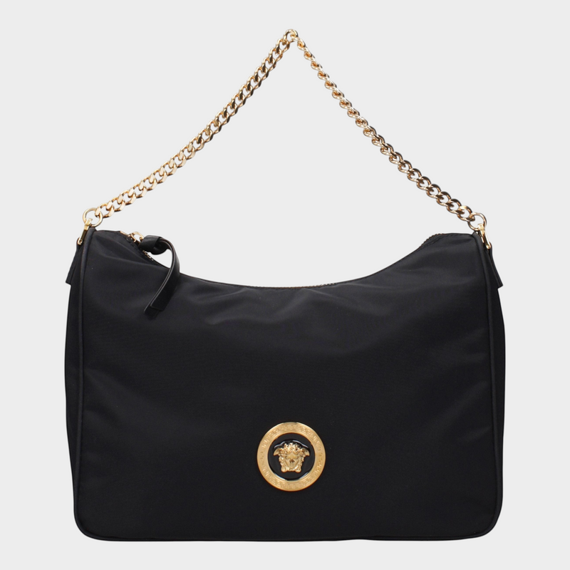 Esmire & Co Versace black fabric handbag with gold Medusa front detail and adjustable removable shoulder chain strap