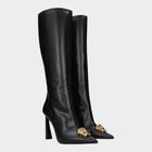 Esmire & Co Versace black leather high heel boots with gold Medusa front detail and pointed toe