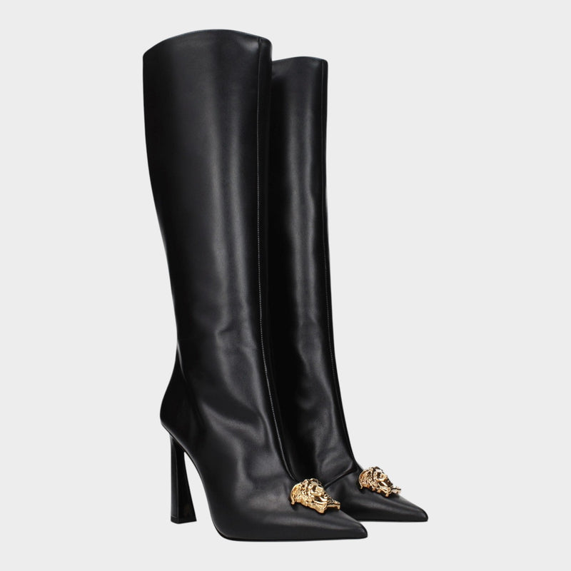 Esmire & Co Versace black leather high heel boots with gold Medusa front detail and pointed toe