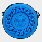 Esmire & Co Versace round blue pebbled leather camera bag with a chunky chain detail and Medusa head emblem.