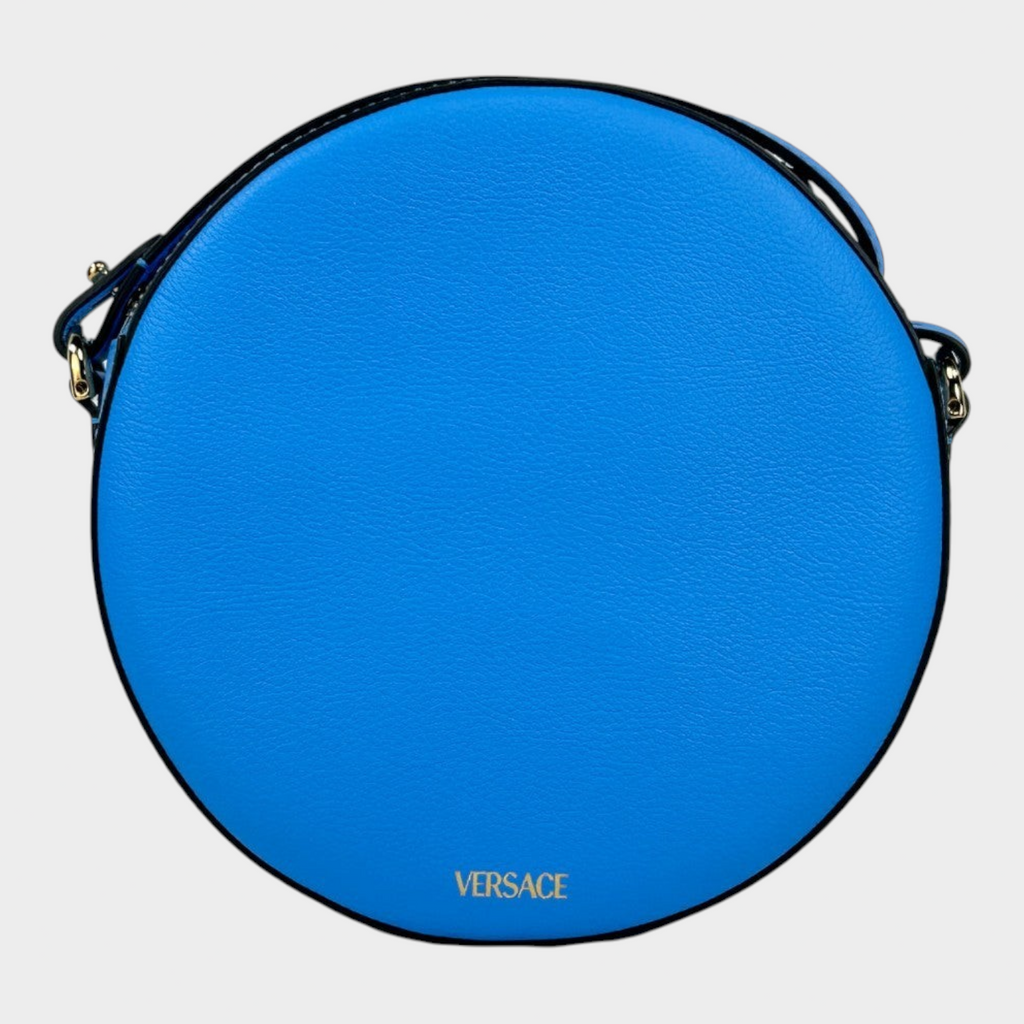 Esmire & Co Versace round camera bag in vibrant blue pebbled leather with gold logo detailing and crossbody strap