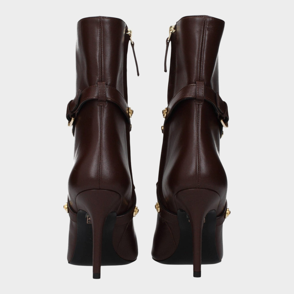 Esmire & Co Versace chocolate brown leather ankle boots with sculpted high heels and gold hardware back view