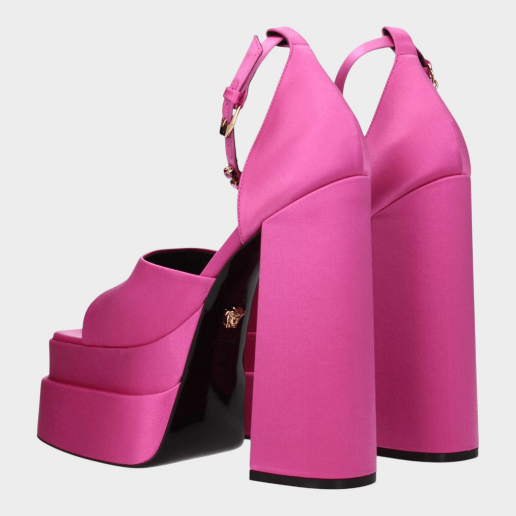 Esmire & Co Versace fuchsia satin platform heels with high block heels and buckle ankle straps, rear view.