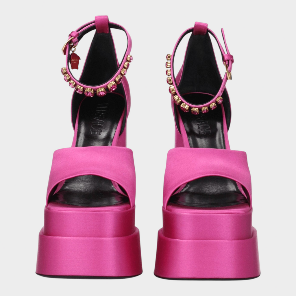 Esmire & Co Versace fuchsia satin platform heels with rhinestone ankle straps and open-toe design