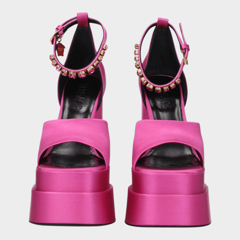 Esmire & Co Versace fuchsia satin platform heels with rhinestone ankle straps and open-toe design
