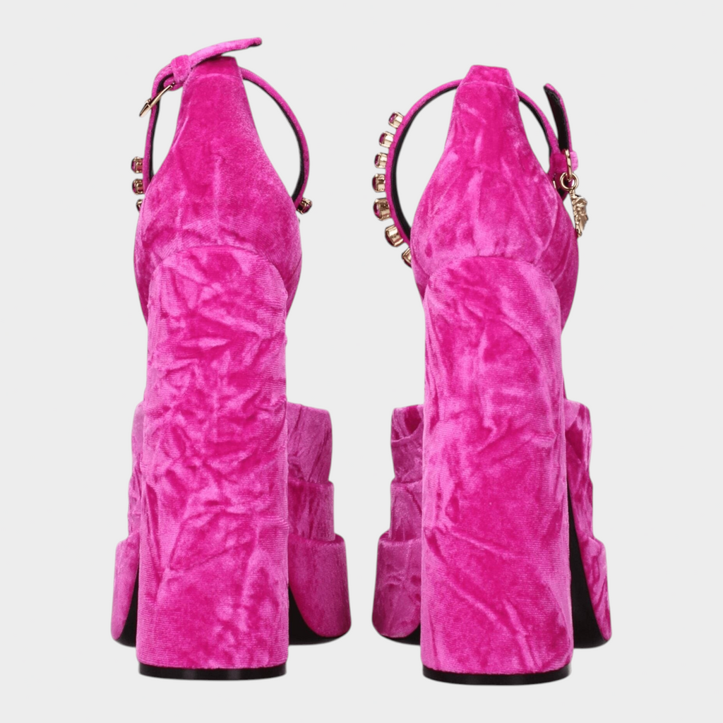 Esmire & Co Versace fuchsia velvet platform heels with rhinestone embellishments and gold buckle detail, back view.
