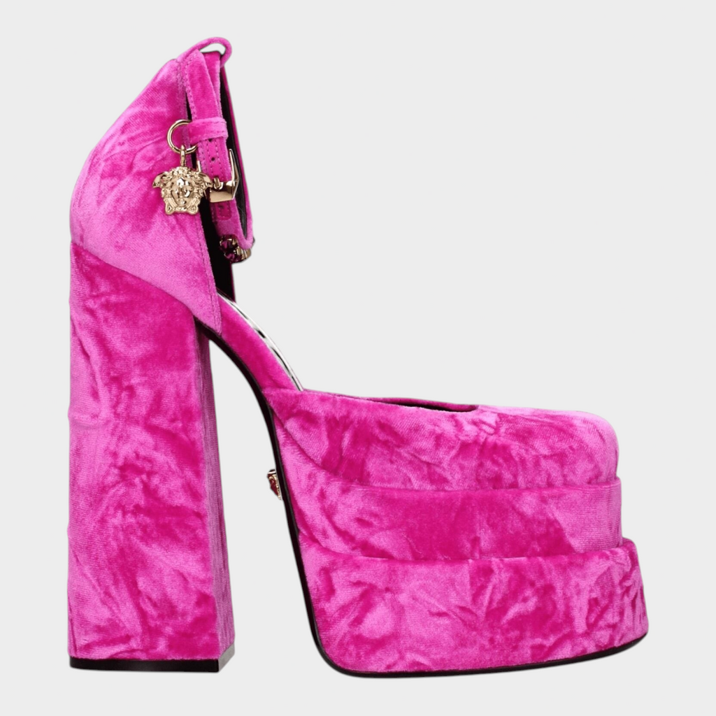 Esmire & Co Versace fuchsia velvet platform heels with square toe, gold-tone Medusa charm, and high block heel.