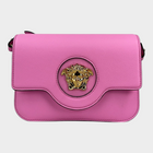 Esmire & Co Versace La Medusa pink pebbled leather crossbody bag with gold Medusa head hardware and magnetic flap.