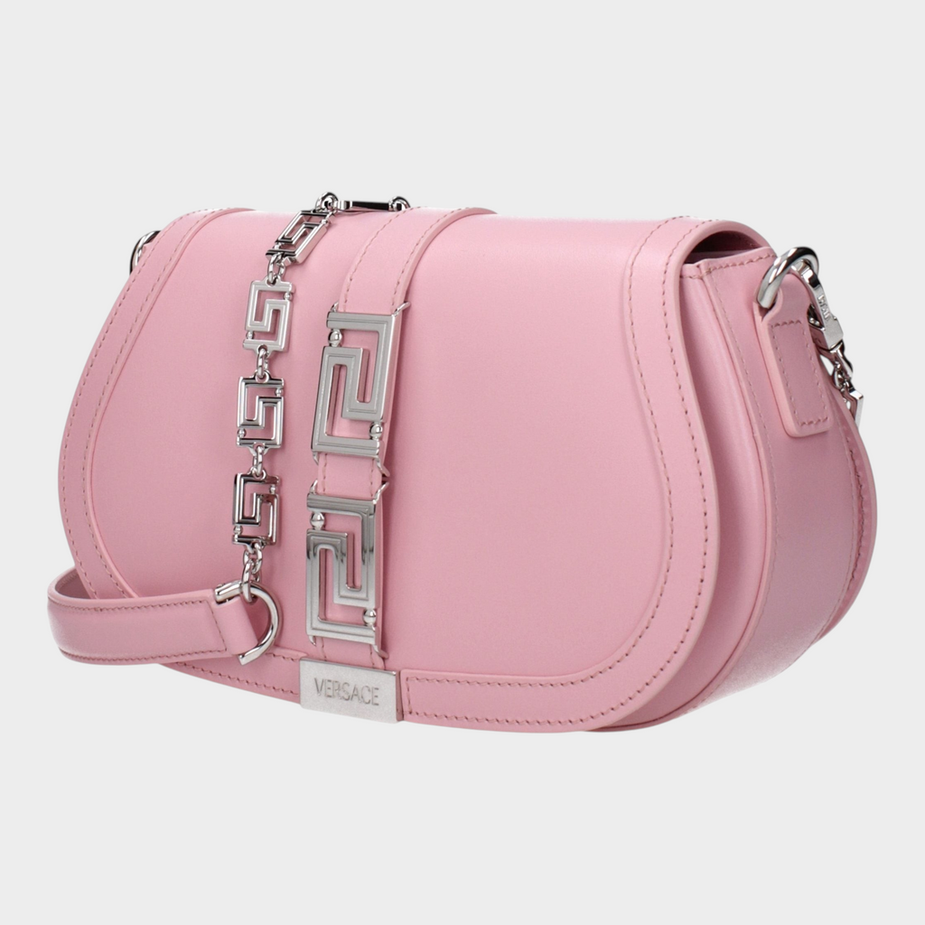 Esmire & Co Versace pink leather shoulder bag with silver Greca logo hardware and adjustable removable strap