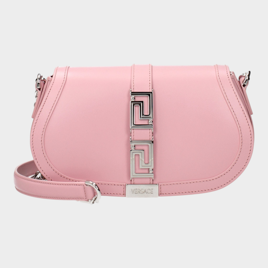 Esmire & Co Versace pink leather shoulder bag with silver logo hardware, adjustable handle, and removable strap.