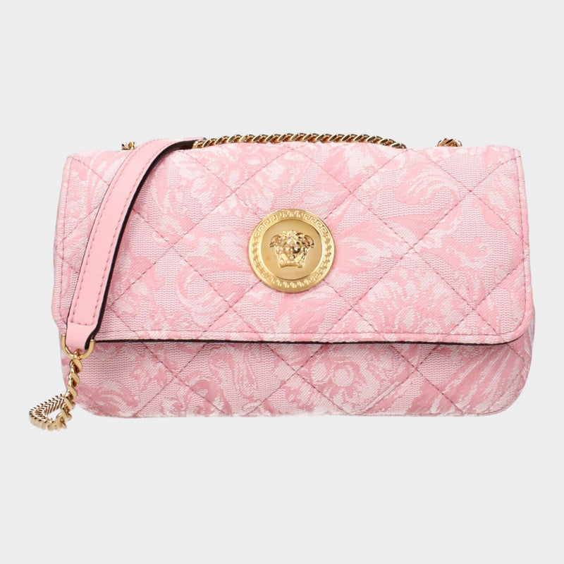Esmire & Co Versace pink quilted fabric shoulder bag with gold Medusa front detail and chain strap