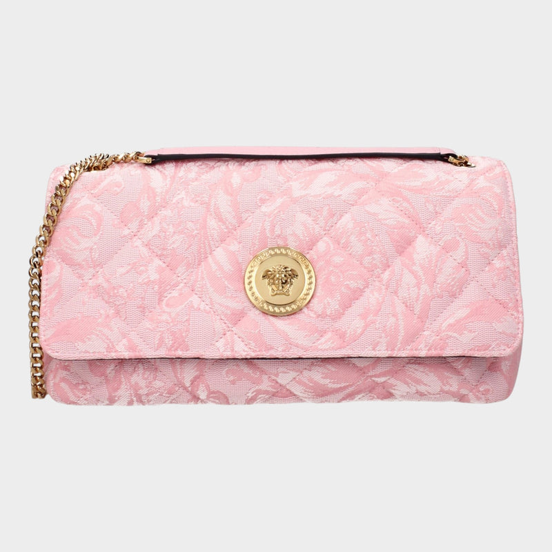 Esmire & Co Versace pink quilted fabric shoulder bag with gold Medusa front detail and chain strap
