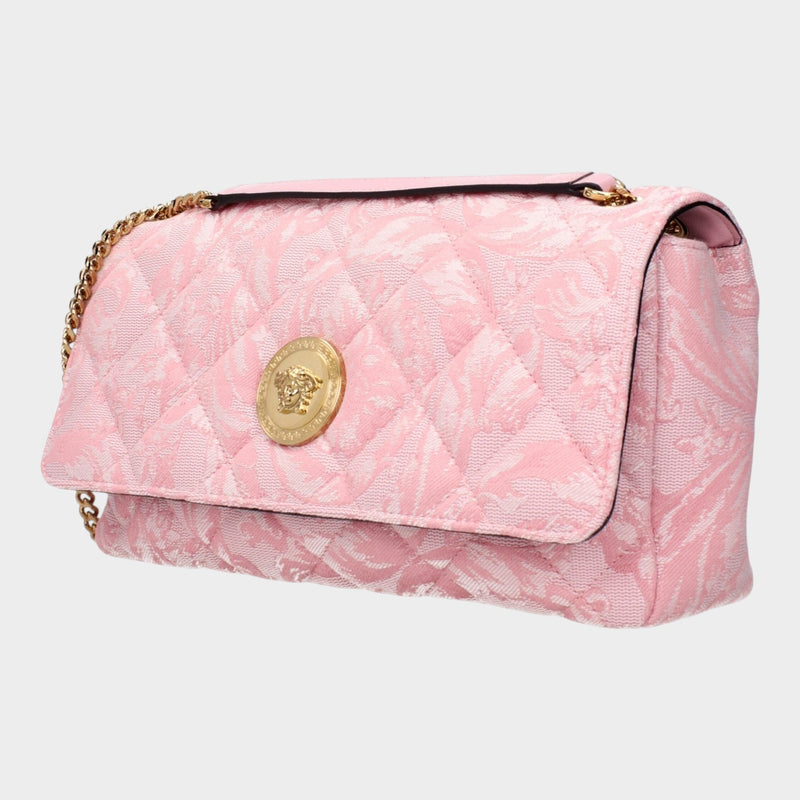 Esmire & Co Versace pink quilted fabric shoulder bag with gold Medusa front detail and chain strap