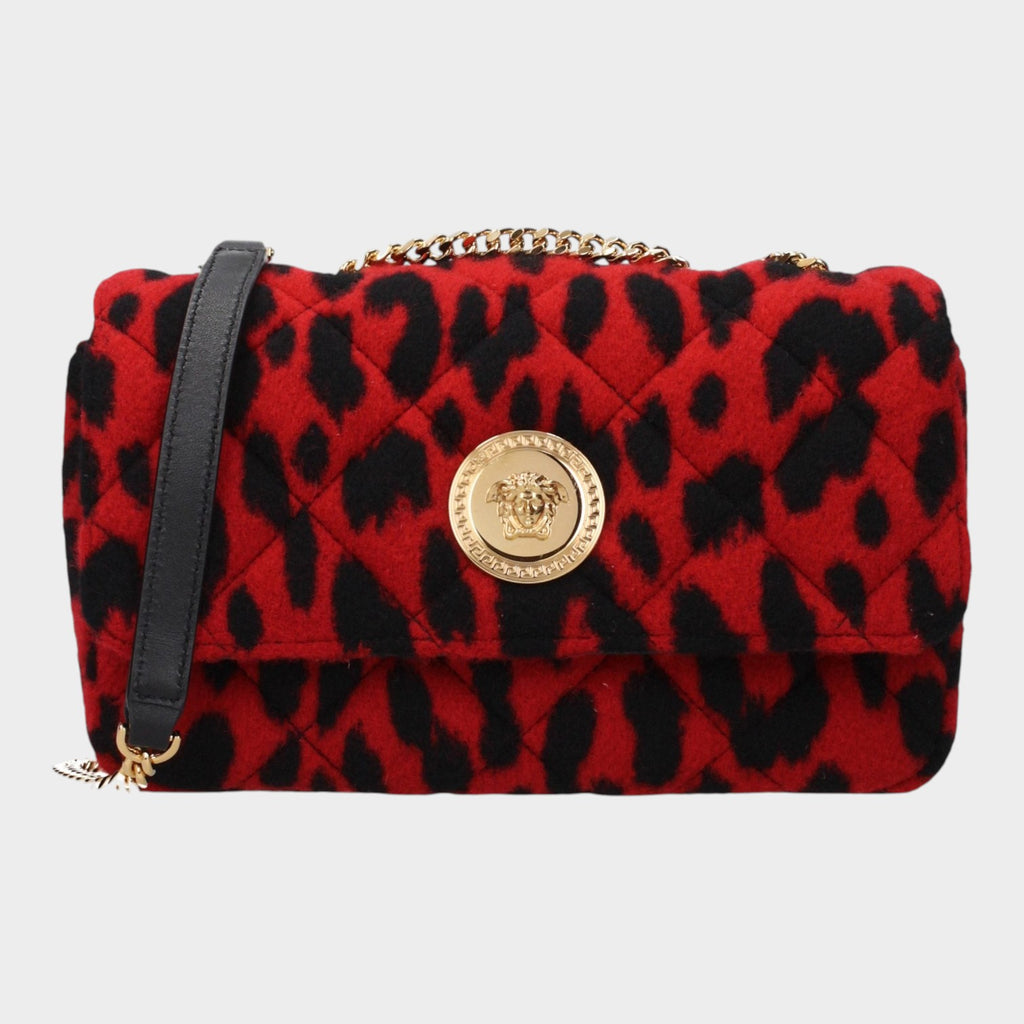 Esmire & Co Versace red and black leopard print quilted wool shoulder bag with gold Medusa front detail