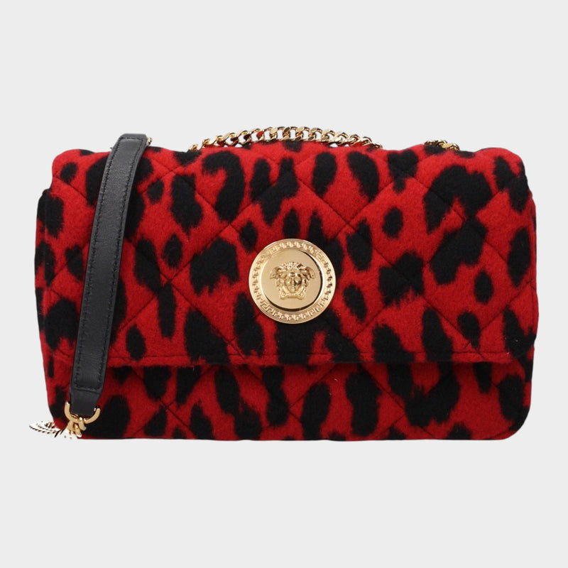 Esmire & Co Versace red and black leopard print quilted wool shoulder bag with gold Medusa front detail