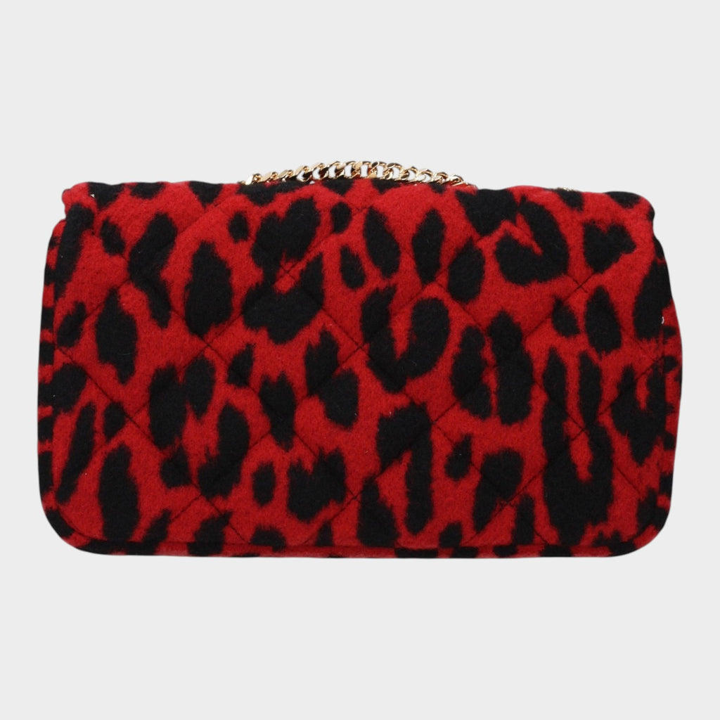 Esmire & Co Versace red and black leopard print wool shoulder bag with quilted texture and gold chain detail