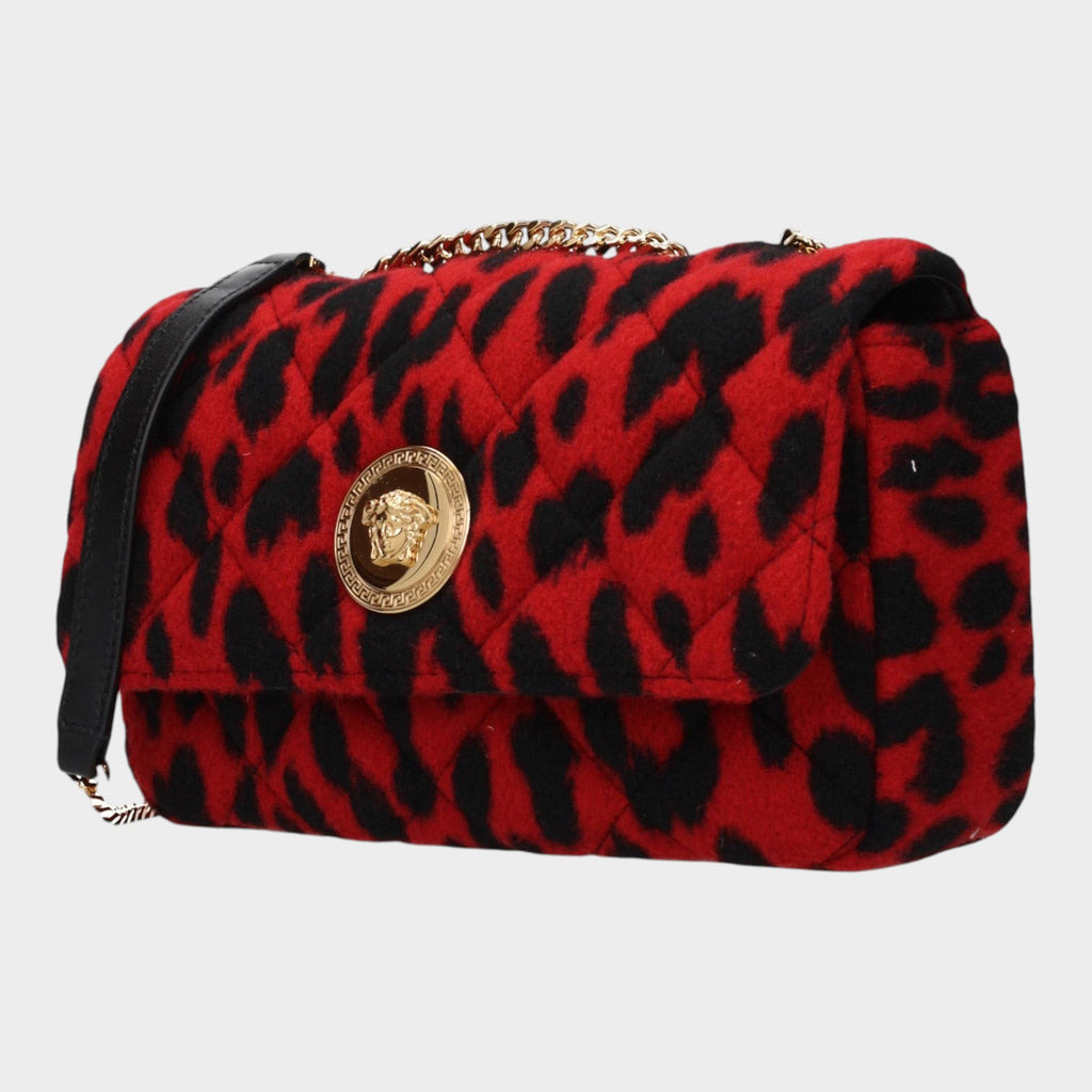 Esmire & Co Versace red leopard print wool shoulder bag with gold Medusa front detail and chain strap
