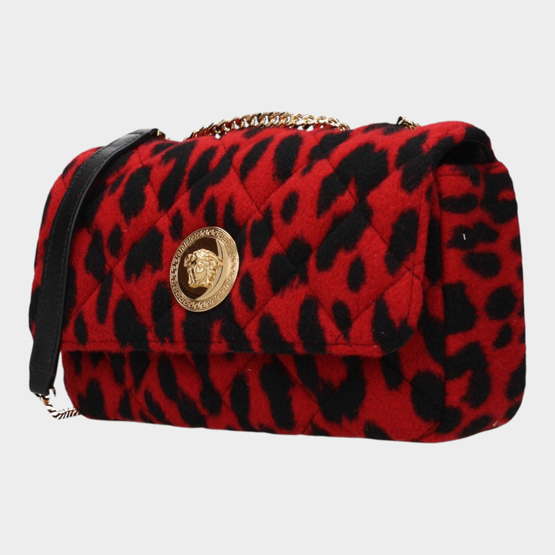 Esmire & Co Versace red leopard print wool shoulder bag with gold Medusa front detail and chain strap