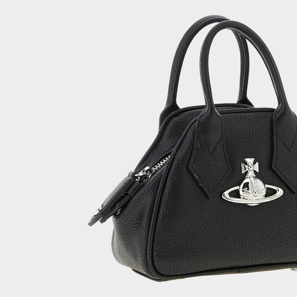Esmire & Co black textured Vivienne Westwood Mini Yasmine handbag with silver metal Orb logo and top handles