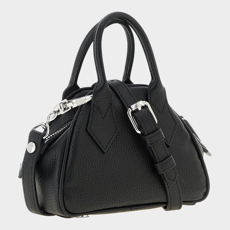 Esmire & Co Vivienne Westwood Mini Yasmine handbag in black textured leather with silver hardware and top handles.