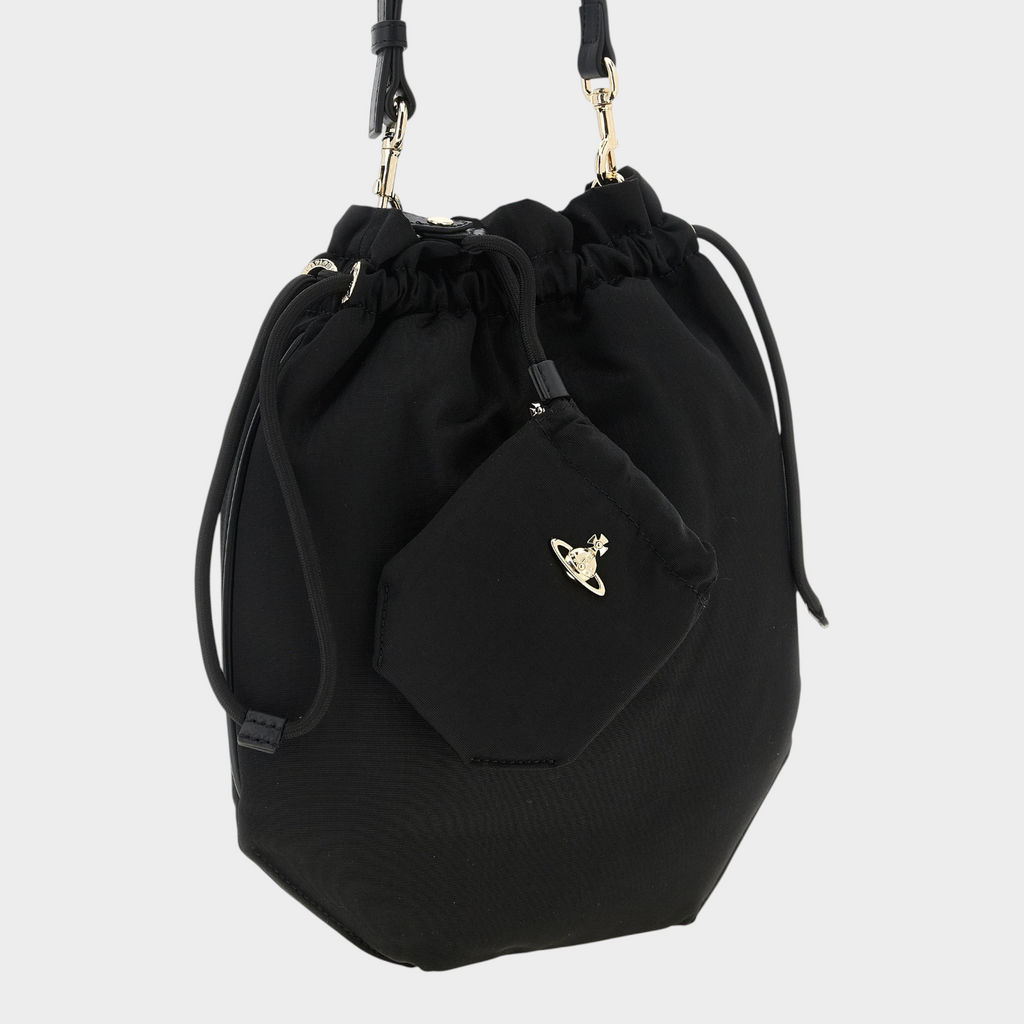 Esmire & Co Vivienne Westwood black moiré drawstring pouch handbag with gold Orb emblem and detachable mini pouch.