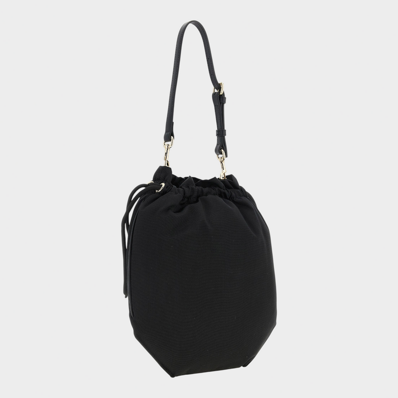Esmire & Co Vivienne Westwood black moiré drawstring pouch handbag with an adjustable handle and structured silhouette.