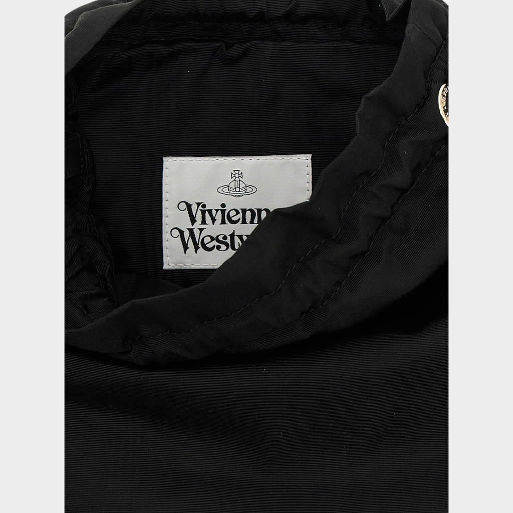 Esmire & Co Vivienne Westwood black moiré drawstring pouch handbag featuring an interior brand logo patch