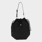 Esmire & Co Vivienne Westwood black moiré drawstring pouch handbag with iconic metal Orb emblem and adjustable handle.