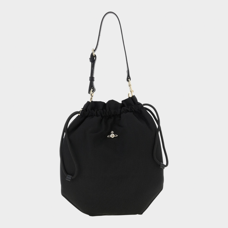 Esmire & Co Vivienne Westwood black moiré drawstring pouch handbag with iconic metal Orb emblem and adjustable handle.