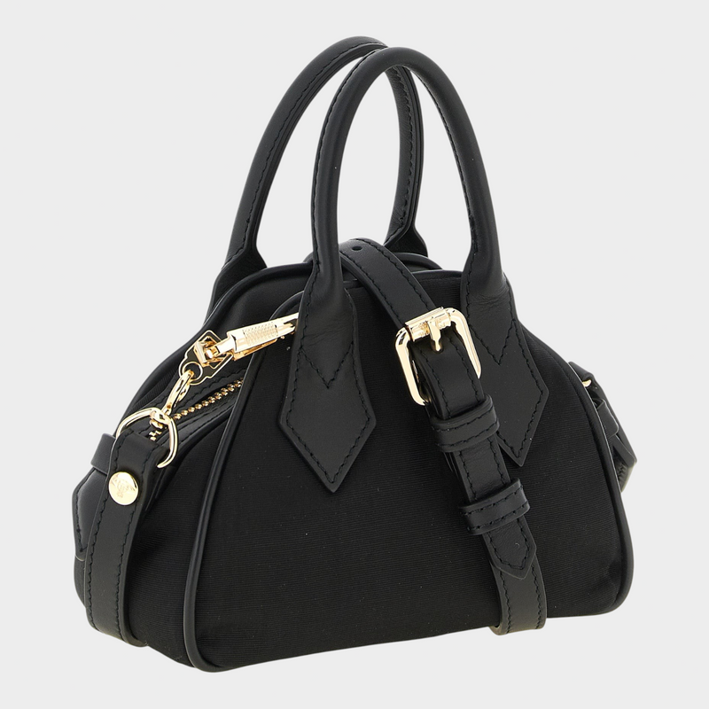 Esmire & Co Vivienne Westwood black moiré Mini Yasmine satchel bag with gold hardware and adjustable shoulder strap.