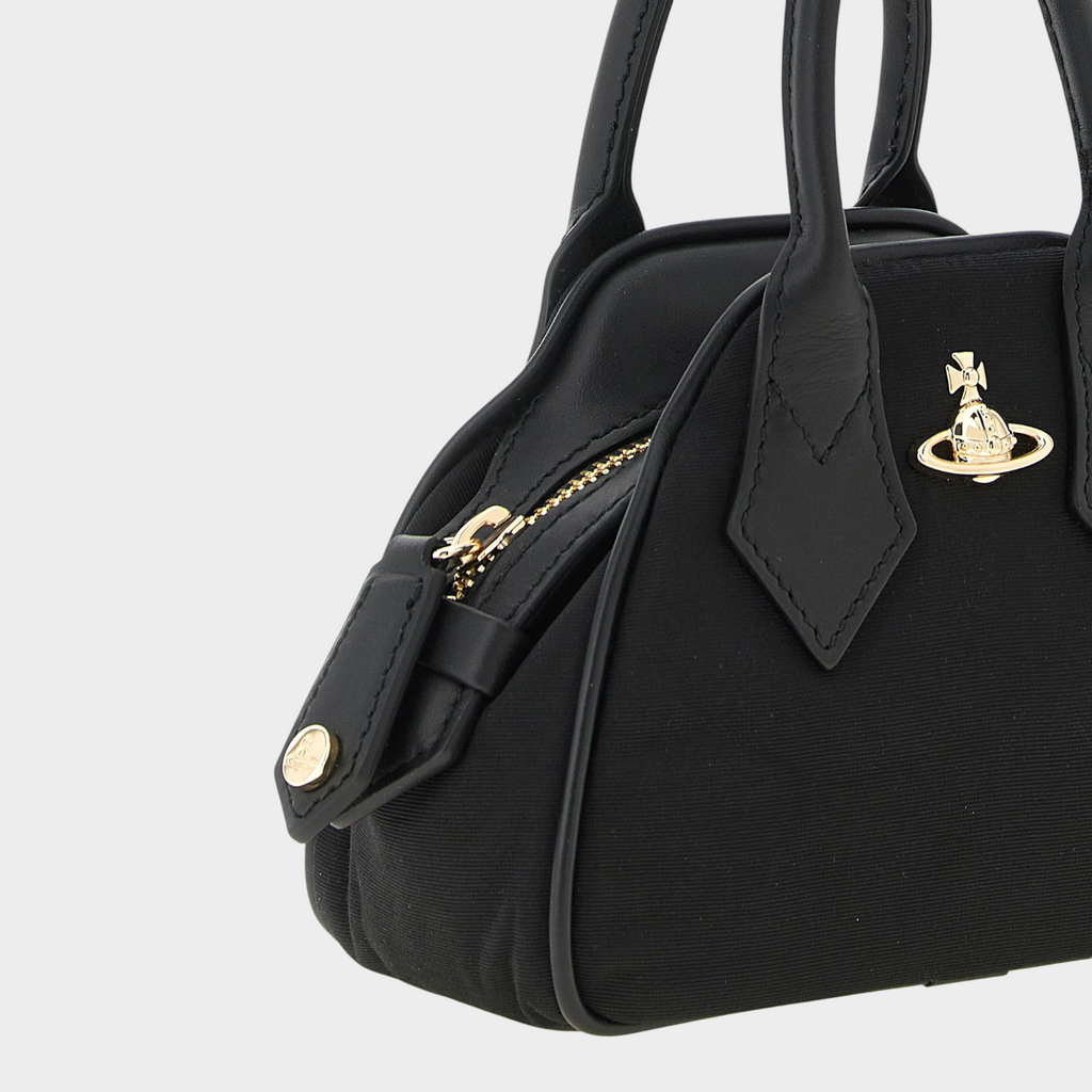 Esmire & Co Vivienne Westwood black moiré Mini Yasmine satchel with gold Orb emblem and top handles