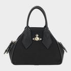 Esmire & Co Vivienne Westwood black moiré mini Yasmine satchel with gold Orb emblem and structured top handles.